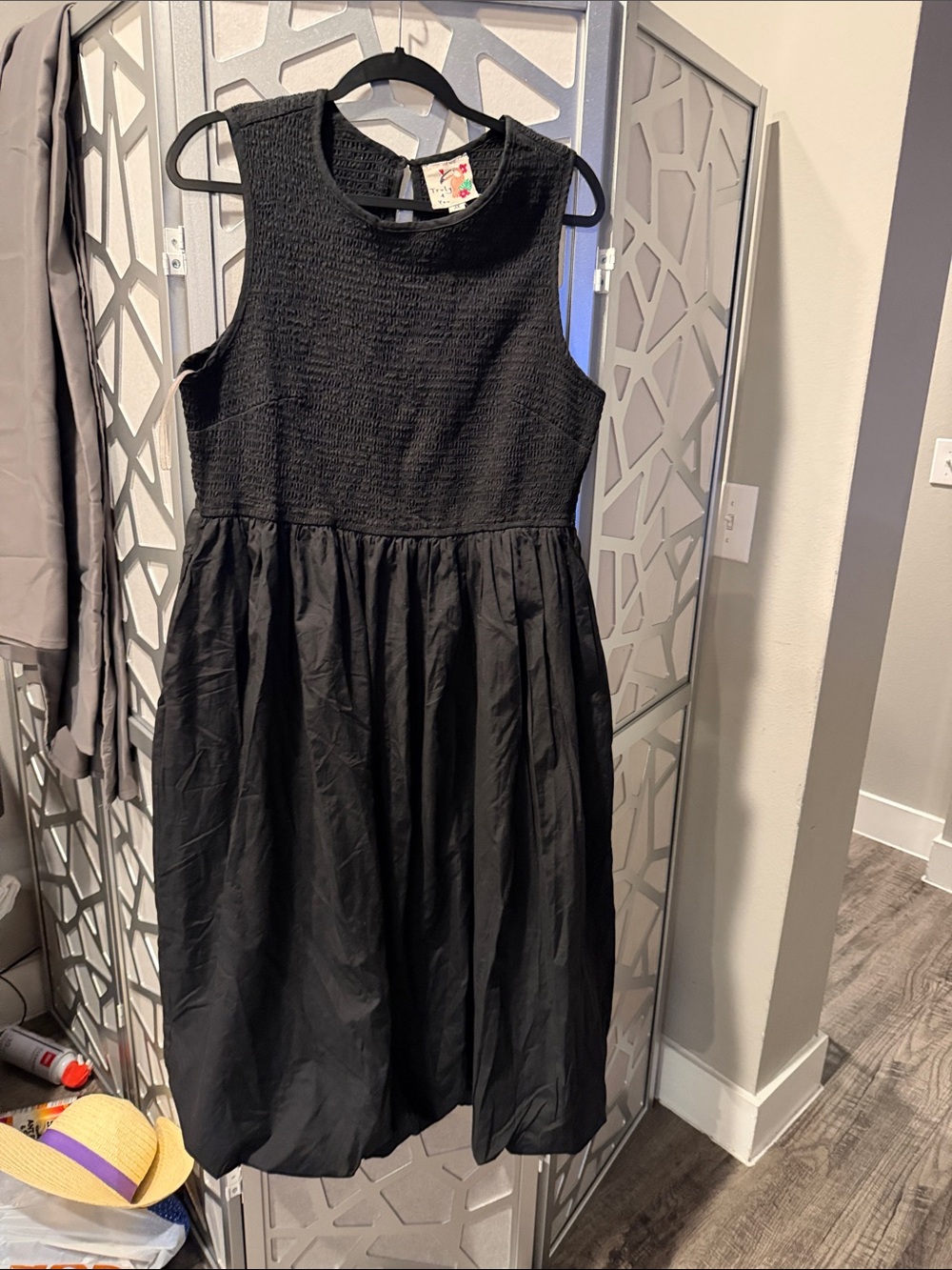 Truly You Black Smocked Midi Dress with Round Neck
